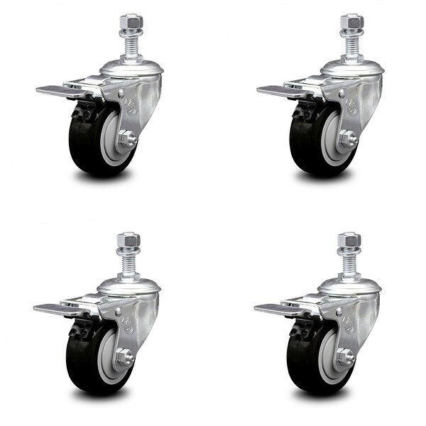Service Caster 3 Inch Black Polyurethane Swivel 1/2 Inch Stem Caster Set with Total Lock Brake SCC-TSTTL20S314-PPUB-BLK-121315-4 - main